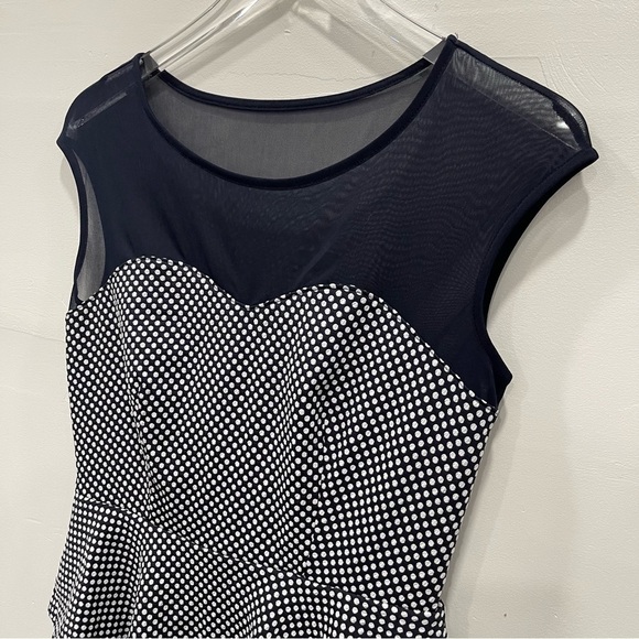 Enfocus Studio Sheer Yoke Polka Dot Peplum Dress Pencil Skirt Size 8 Navy Blue - Picture 4 of 9